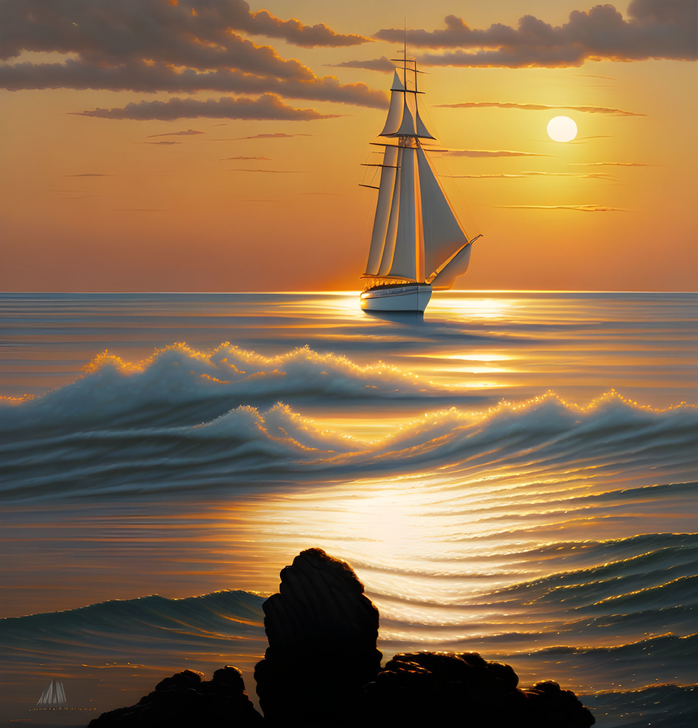 Sunset sailboat on calm sea with cresting waves and sun reflection.