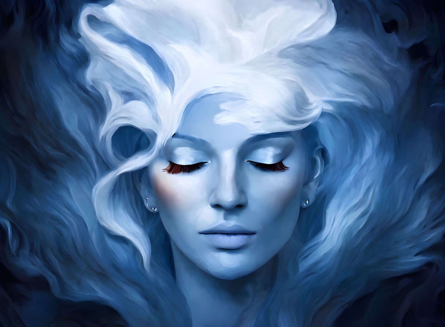 White-haired woman with blue skin submerged underwater