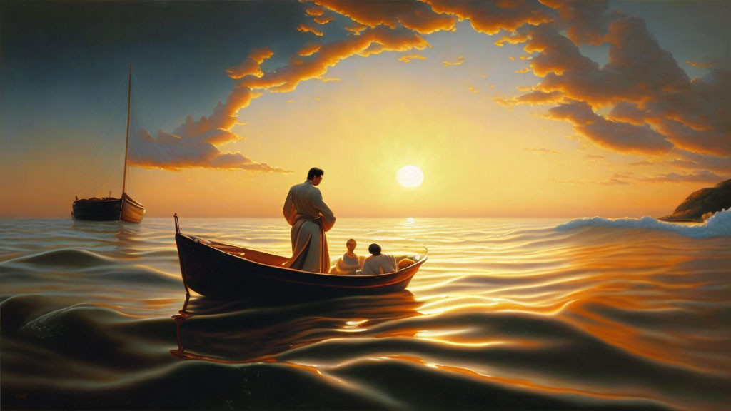 Tranquil painting of person, children in boat, sunset, fiery clouds, second boat