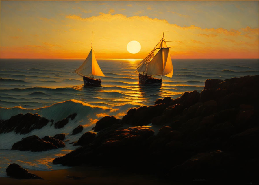 Sailing ships at sunset on calm sea with sun and waves.