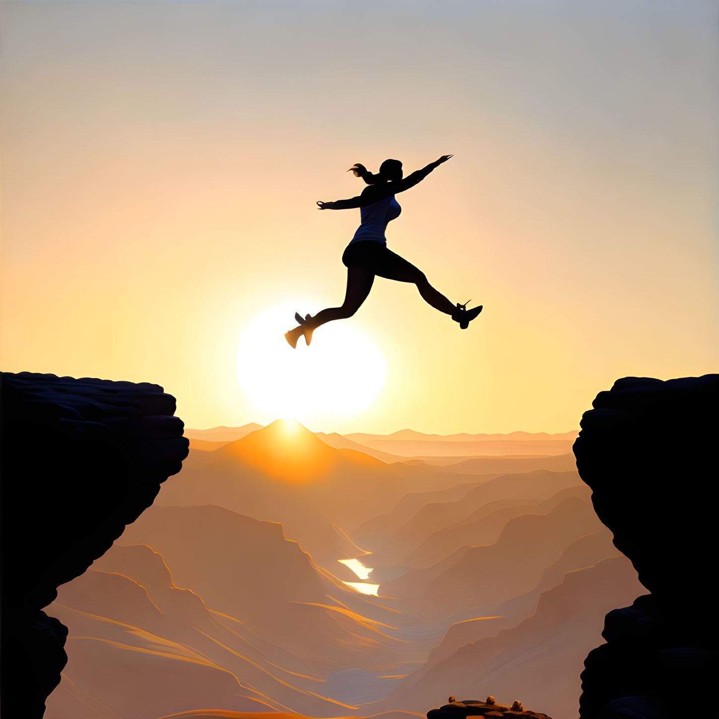 Person leaping between cliffs at sunset over mountain landscape