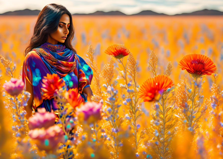 Woman in vibrant attire amidst orange flowers under hazy sky