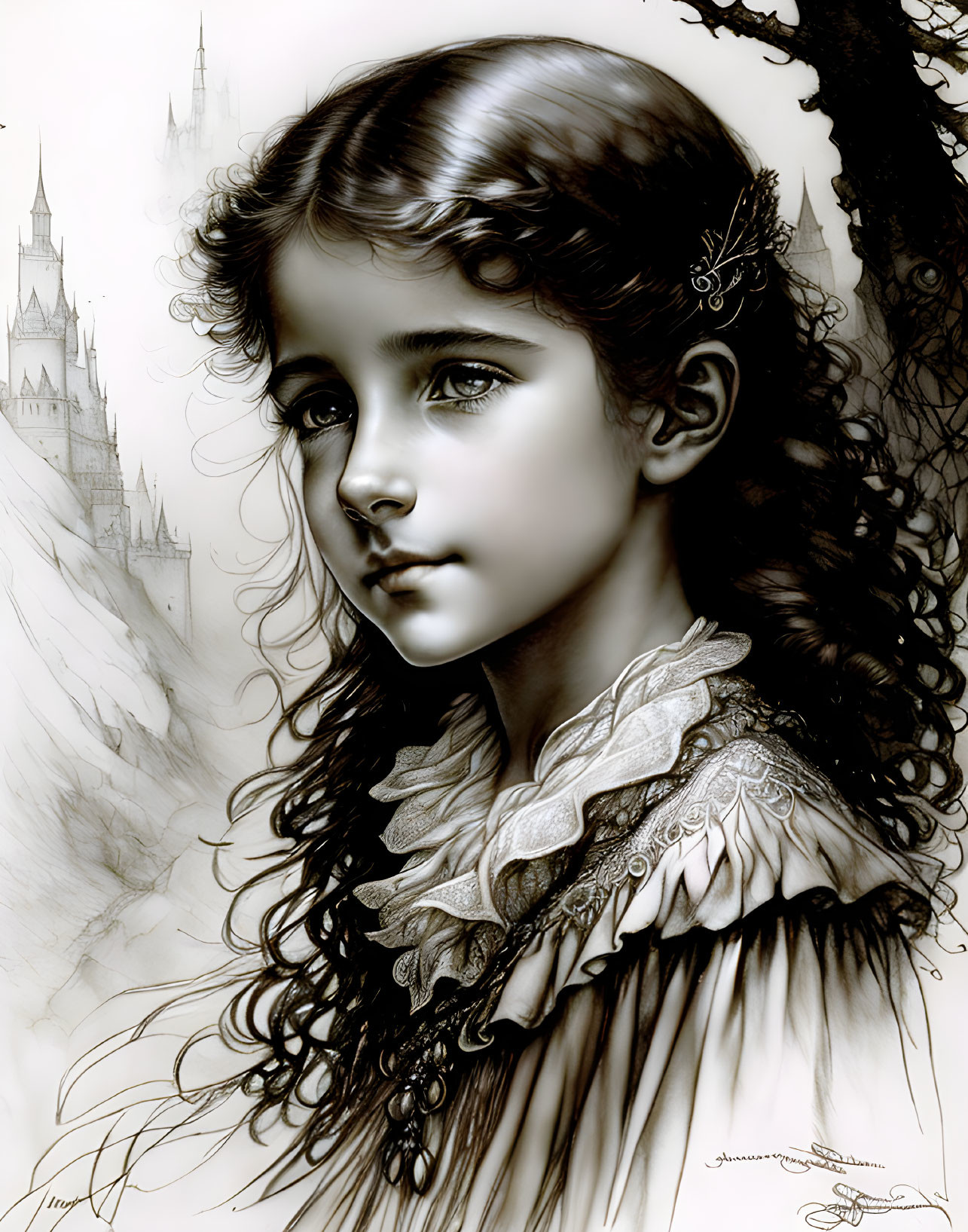 Monochrome illustration of young girl with curly hair in ruffled collar, castle and tree in background