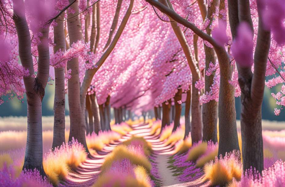 Tranquil pathway with pink cherry blossom trees in soft sunlight