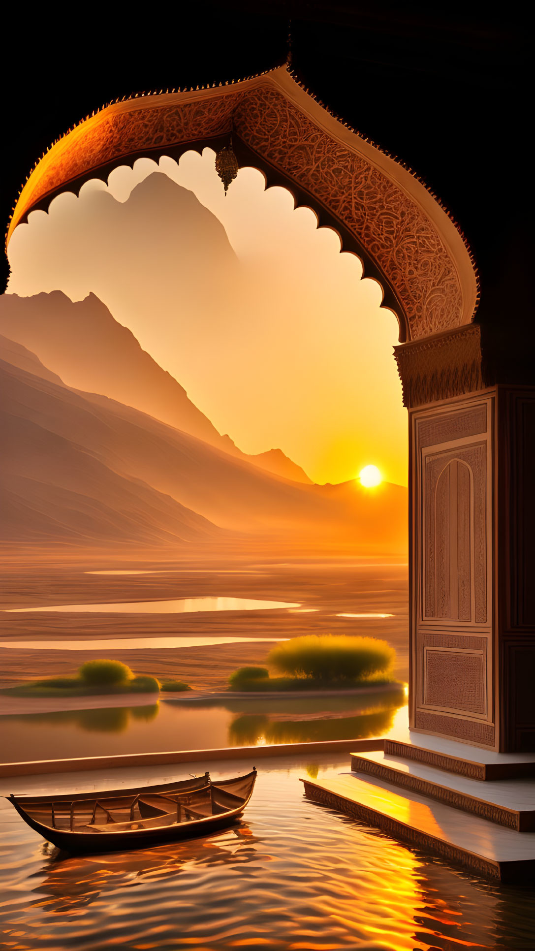 Tranquil sunset scene: archway, lake, boat, mountains