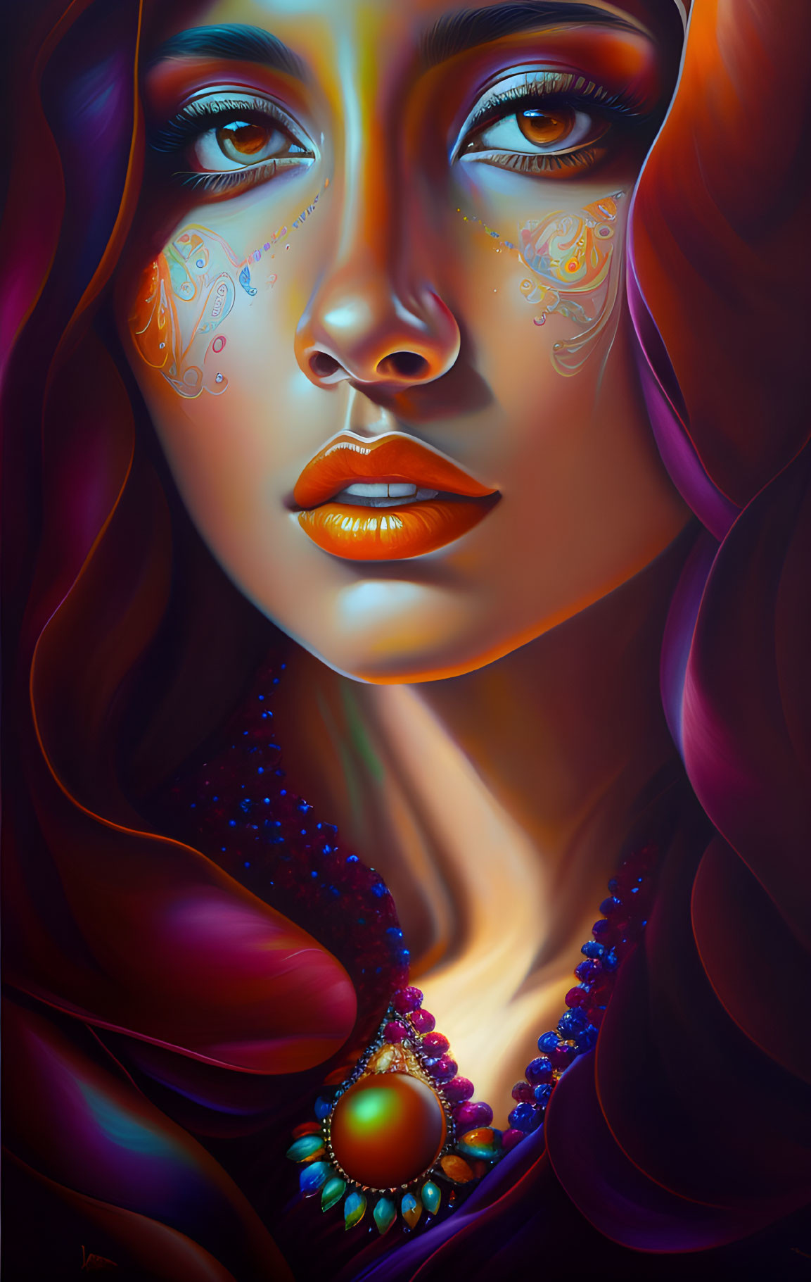 Detailed digital painting of a woman with vibrant makeup and jewelry in red and purple tones