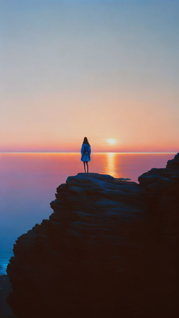 Person admiring vibrant sunset over sea from cliff