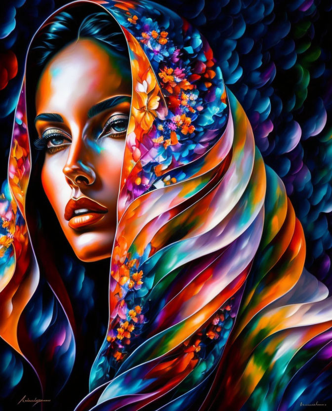 Colorful painting: Woman with floral headscarf in rich blues and oranges