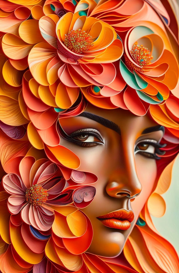 Digital artwork showcasing woman's face with vibrant floral motif hair in orange, red, and yellow shades.