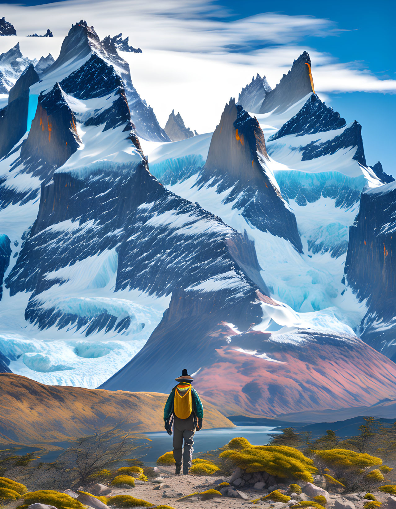 Hiker with backpack walking towards snow-capped mountains