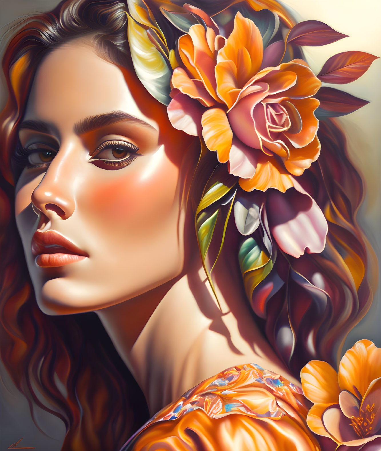 Vivid digital portrait of a woman with floral hair, dreamy colors