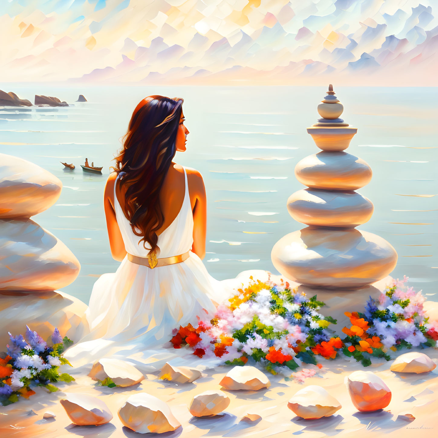 Woman in white dress gazes at sea by shore with rock cairn and colorful flowers.