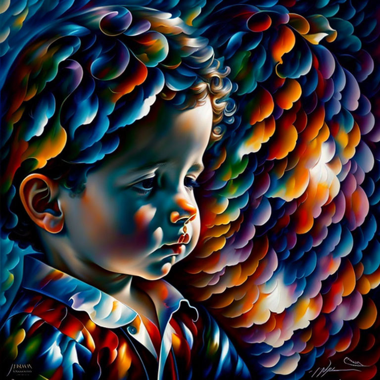 Colorful Portrait of Child with Abstract Feather-like Shapes