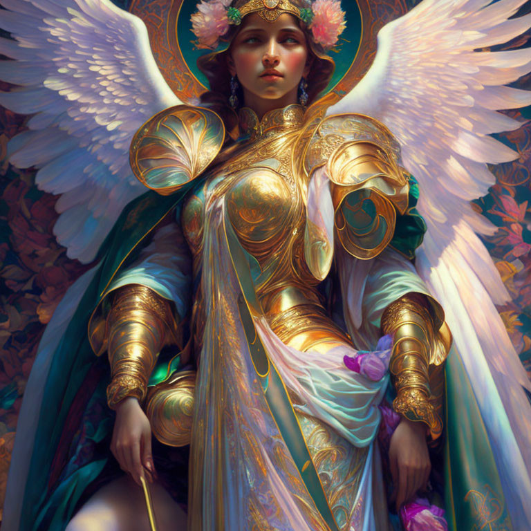 Golden armored angel in teal robes among lush foliage