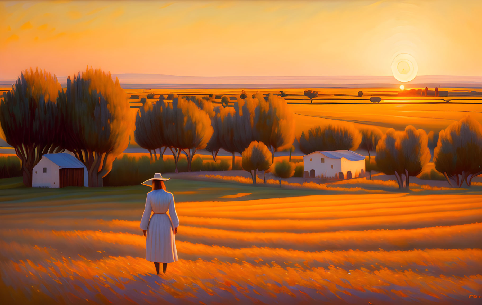 Person in wide-brimmed hat in golden field at sunset with serene landscape.