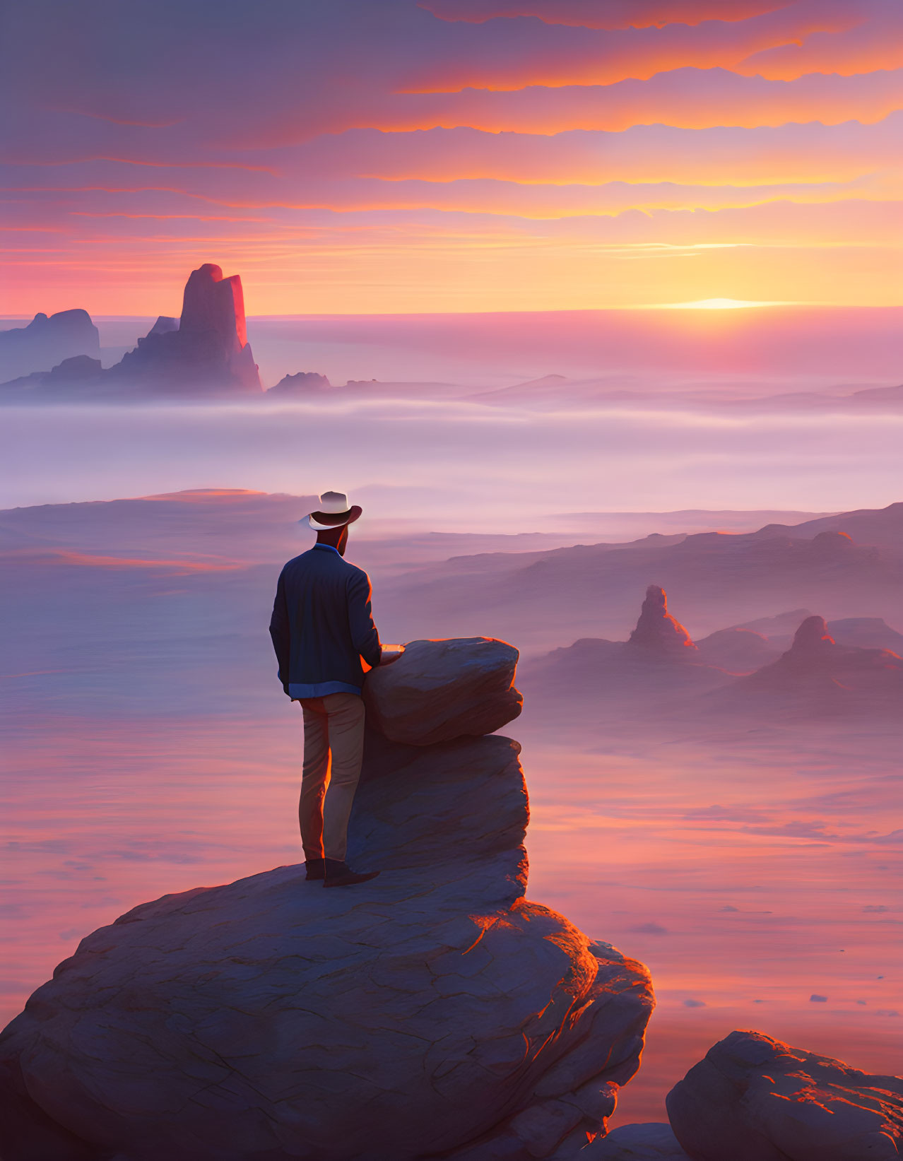 Person standing on rock overlooking desert rock formations at sunset