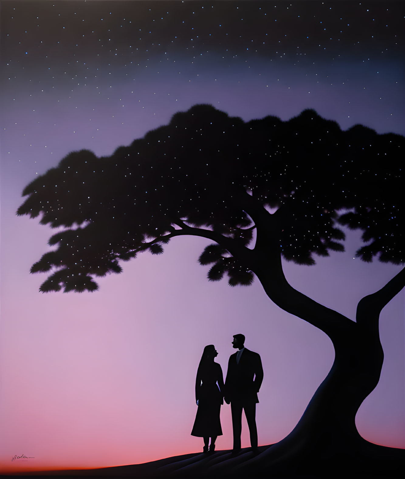 Silhouette of couple under tree at twilight with stars.