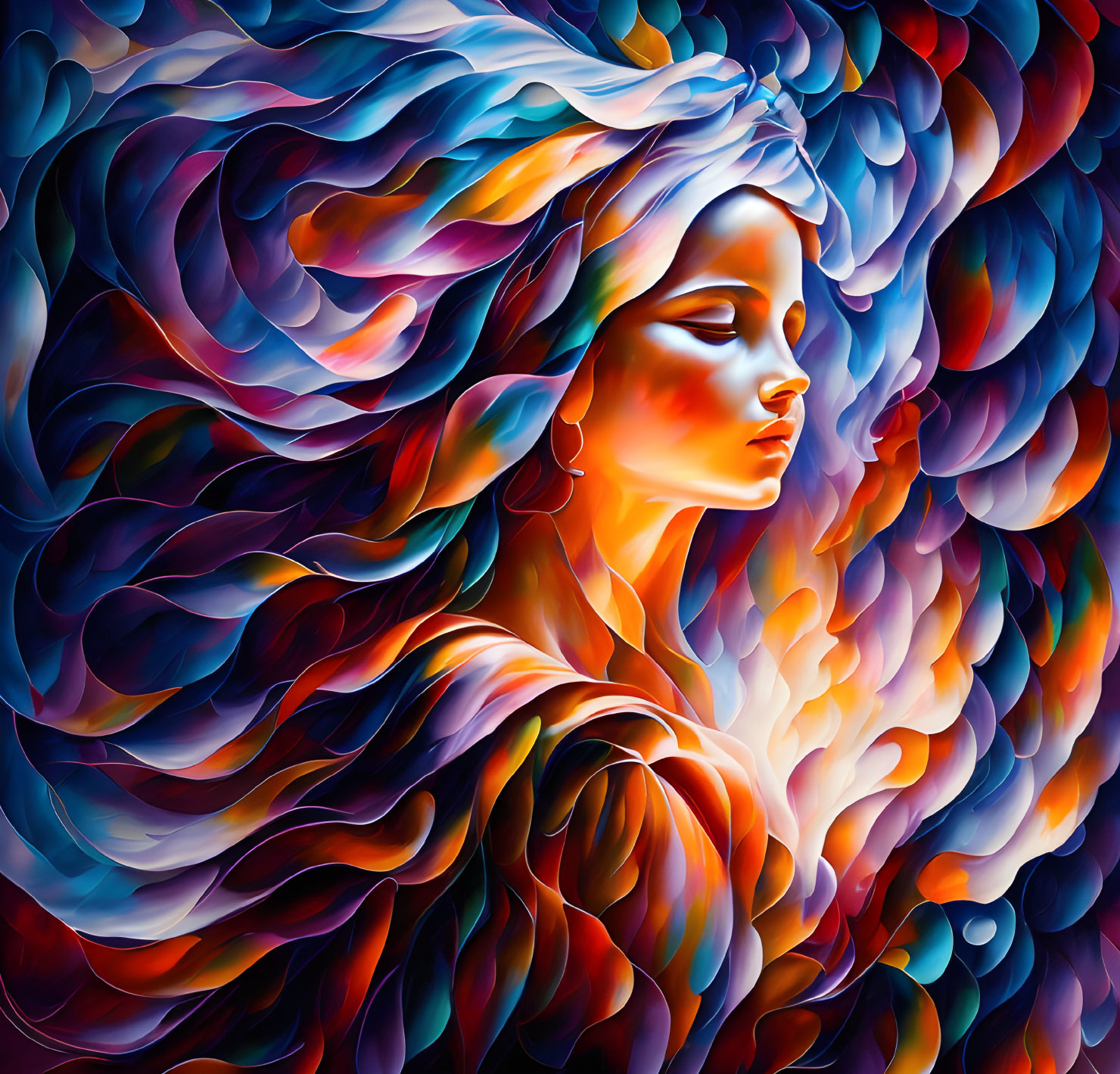 Colorful digital artwork: Woman with flowing hair in fiery abstract background