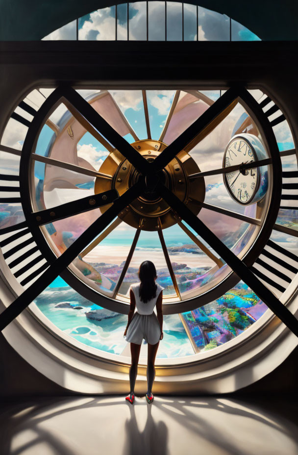 Person admires colorful landscape through large clock window