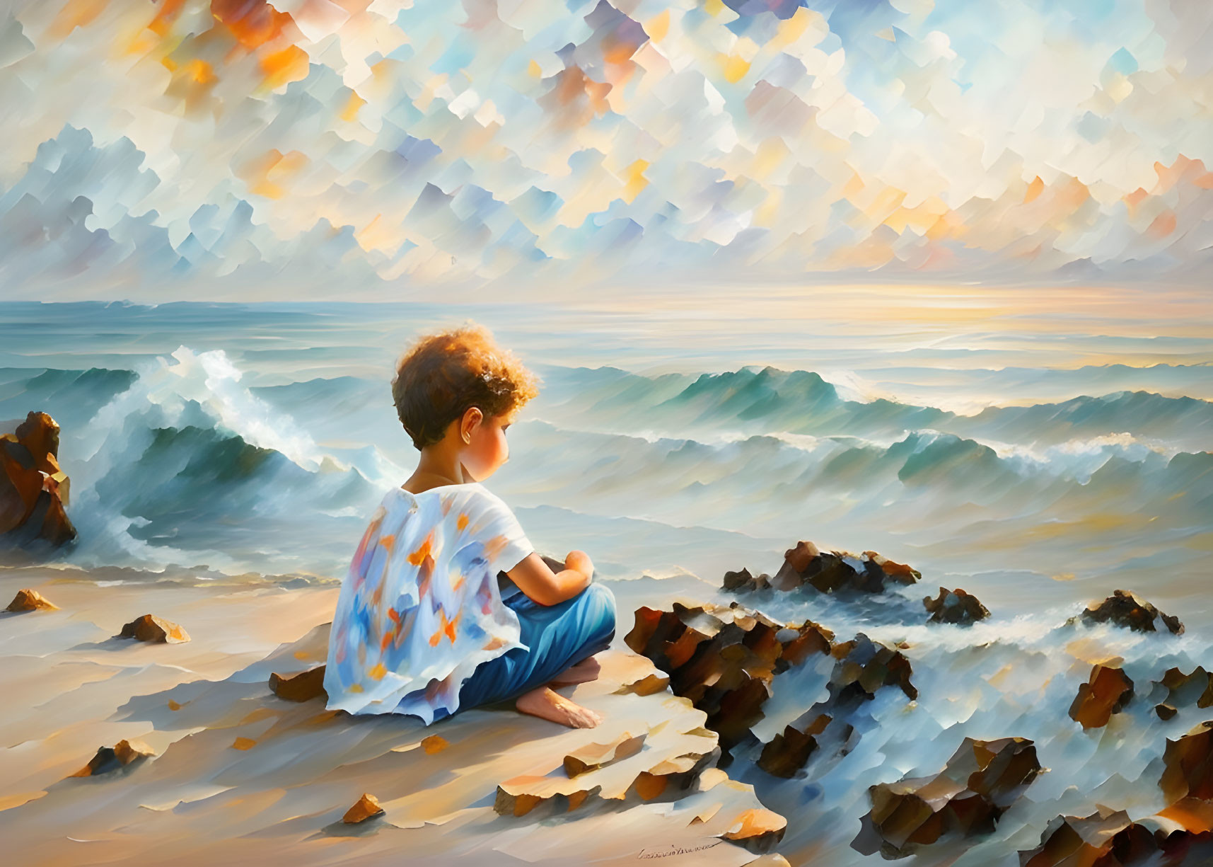 Child on Sandy Beach Watching Waves and Colorful Sky