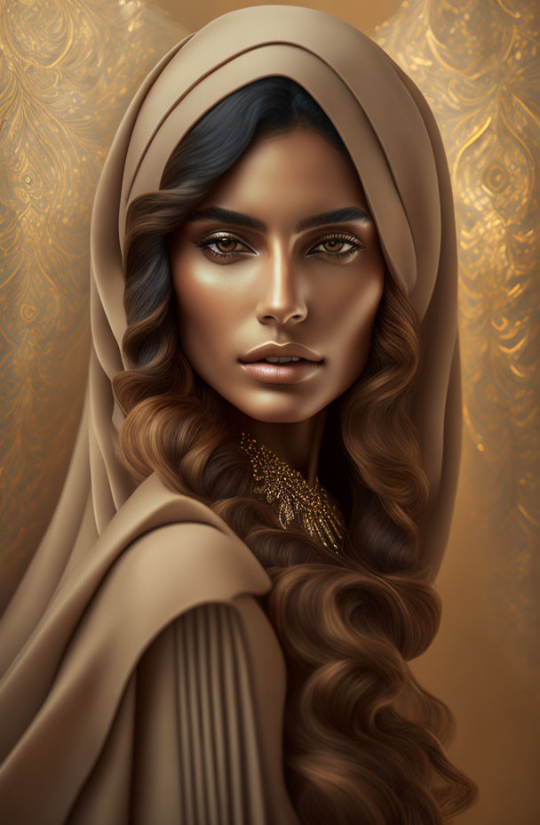 Detailed digital portrait of woman in beige headscarf with golden embroidery