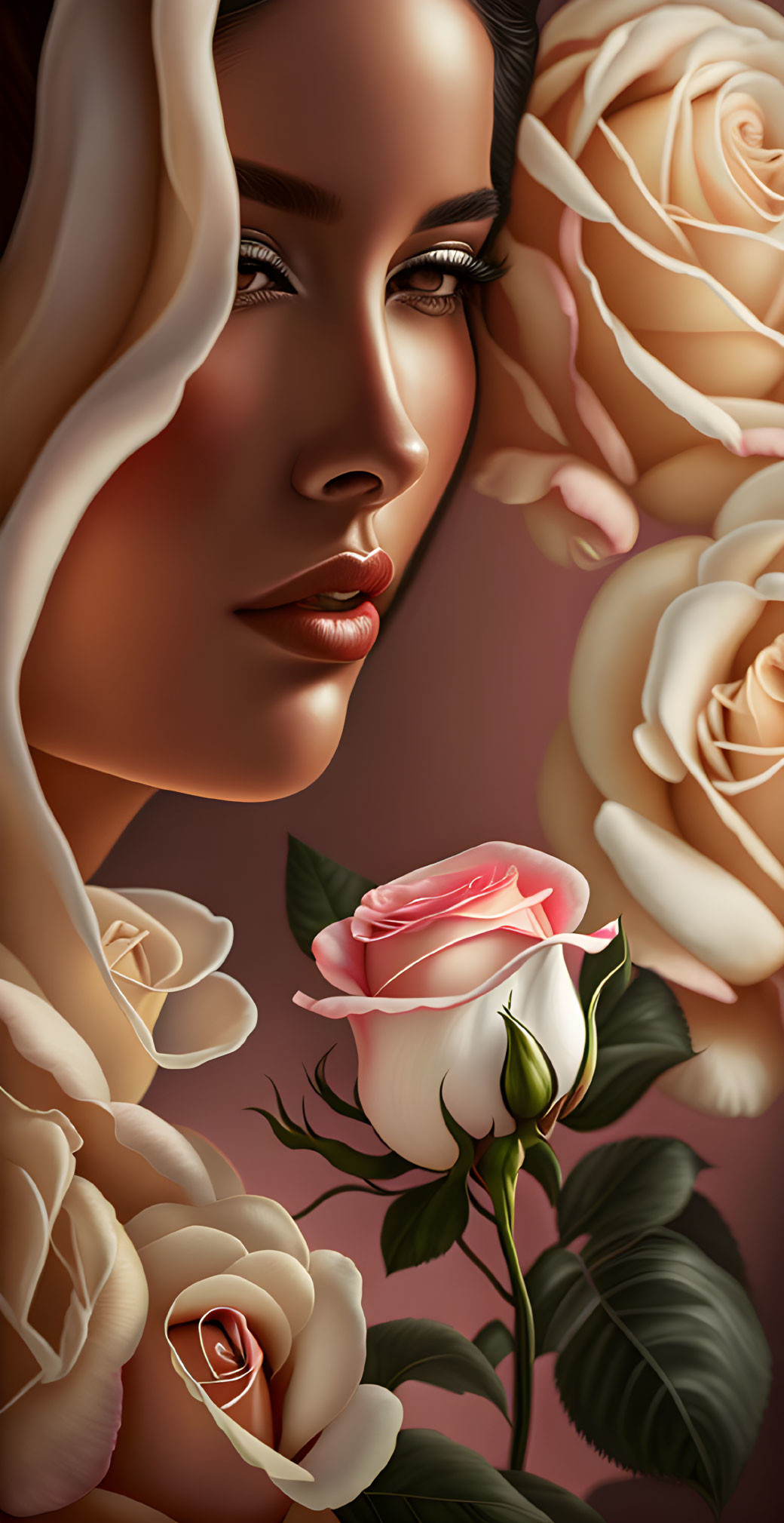 Stylized portrait of a woman with dark hair and roses