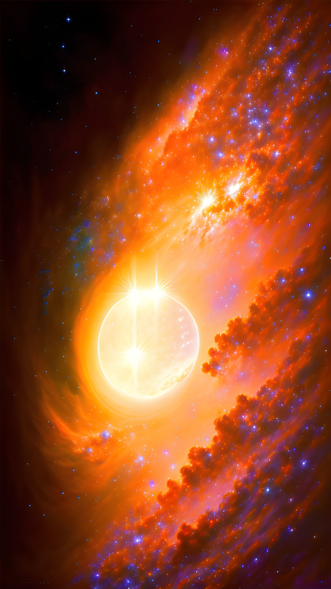 Vibrant star in orange and yellow nebula on starry backdrop