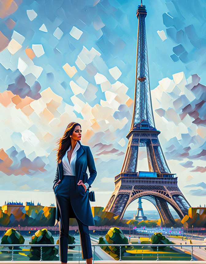 Confident woman in business attire at Eiffel Tower with abstract background