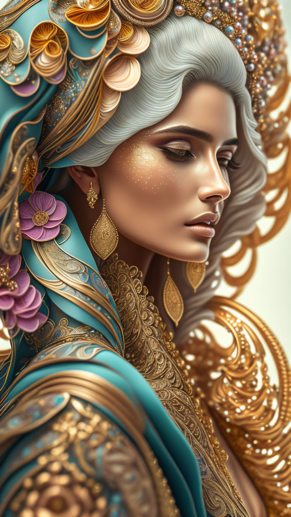 Detailed illustration of woman with golden headpieces and teal attire