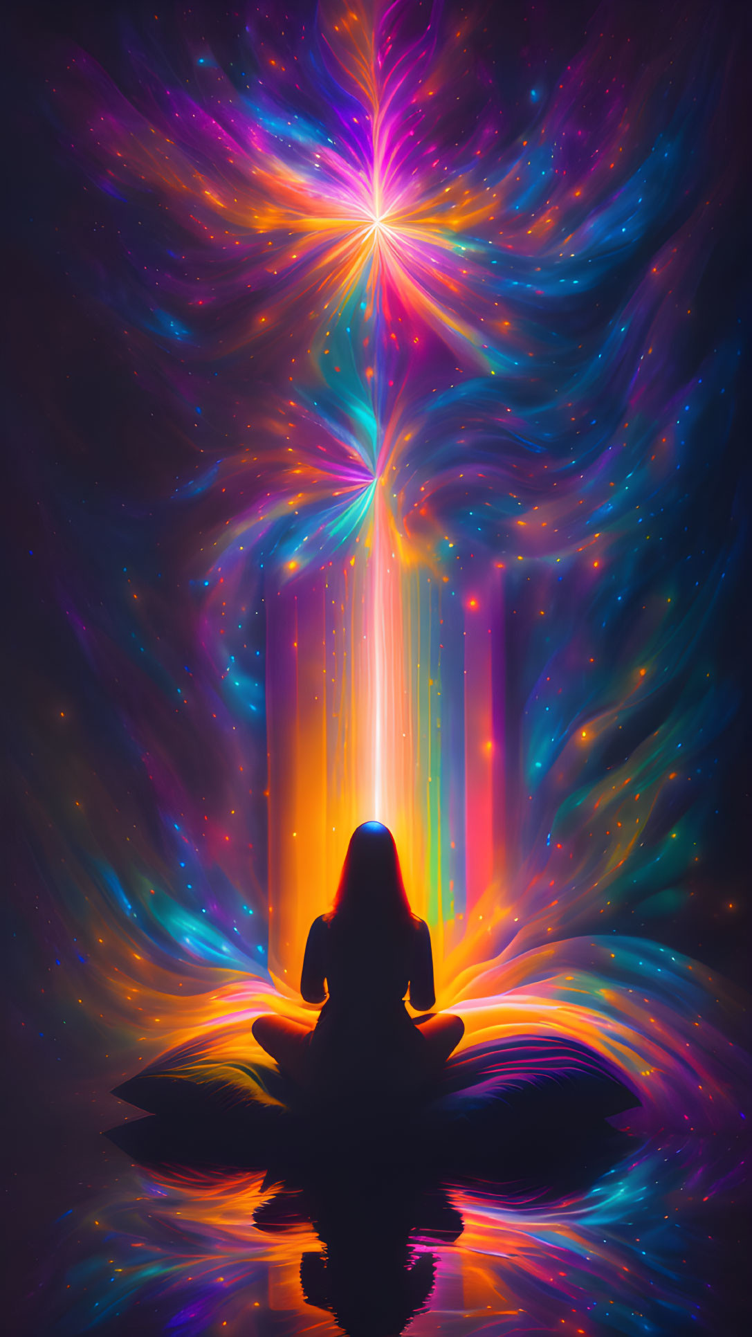 Person meditating under vibrant cosmic neon lights