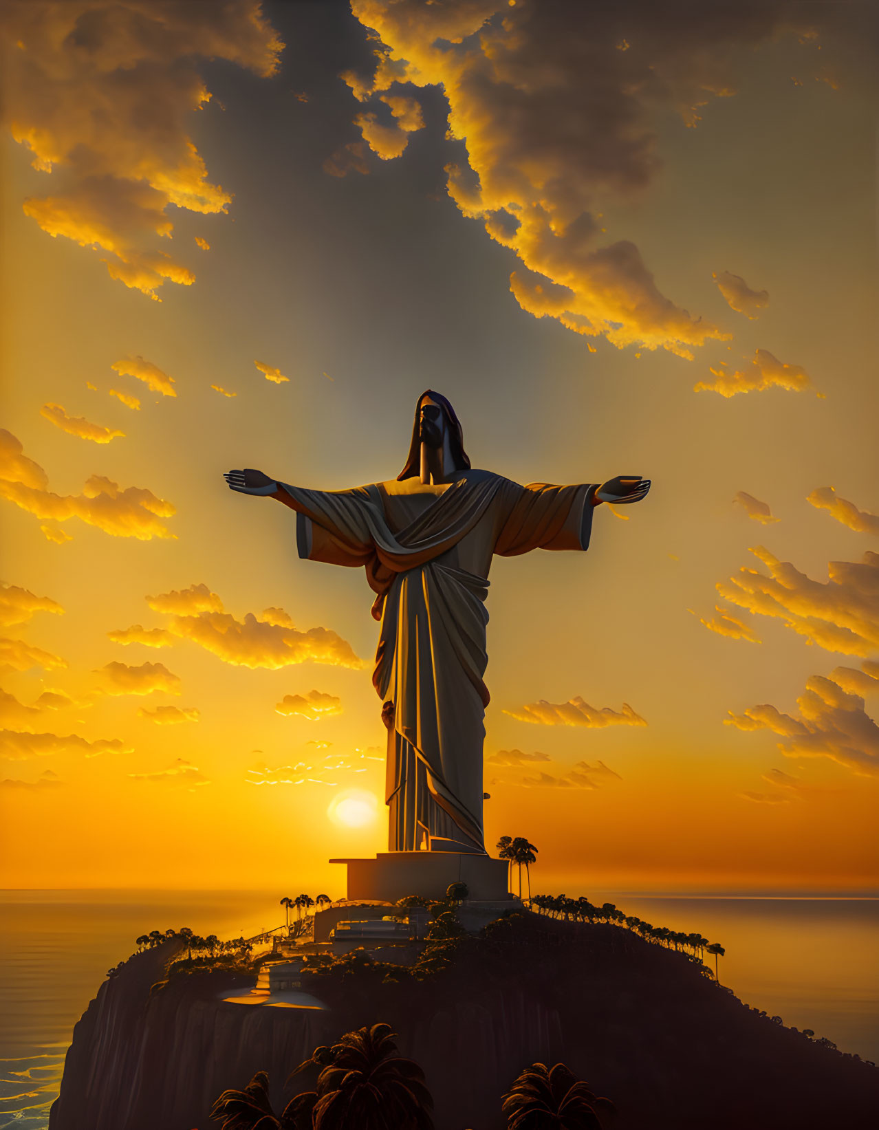 Majestic statue on hill at sunset with outstretched arms