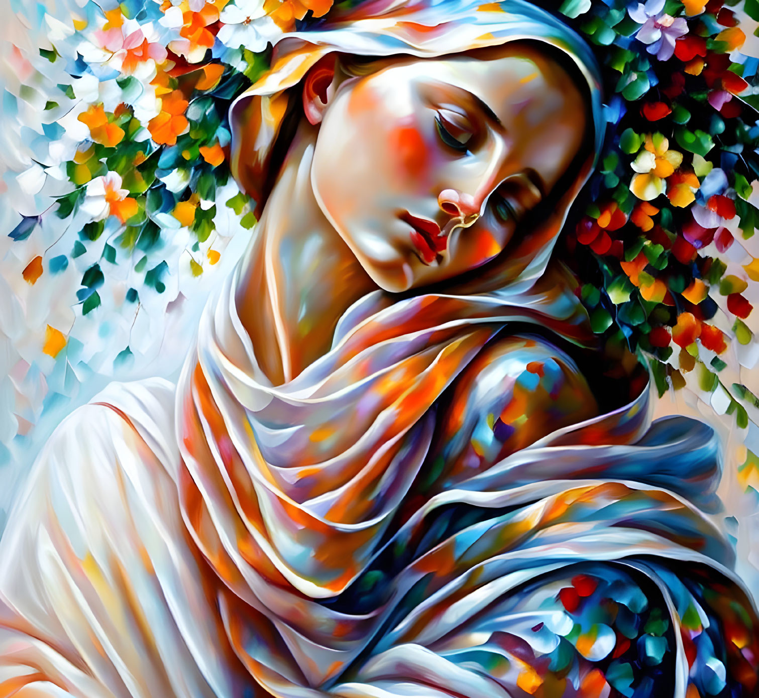 Colorful painting of woman with floral crown and shawl among flowers