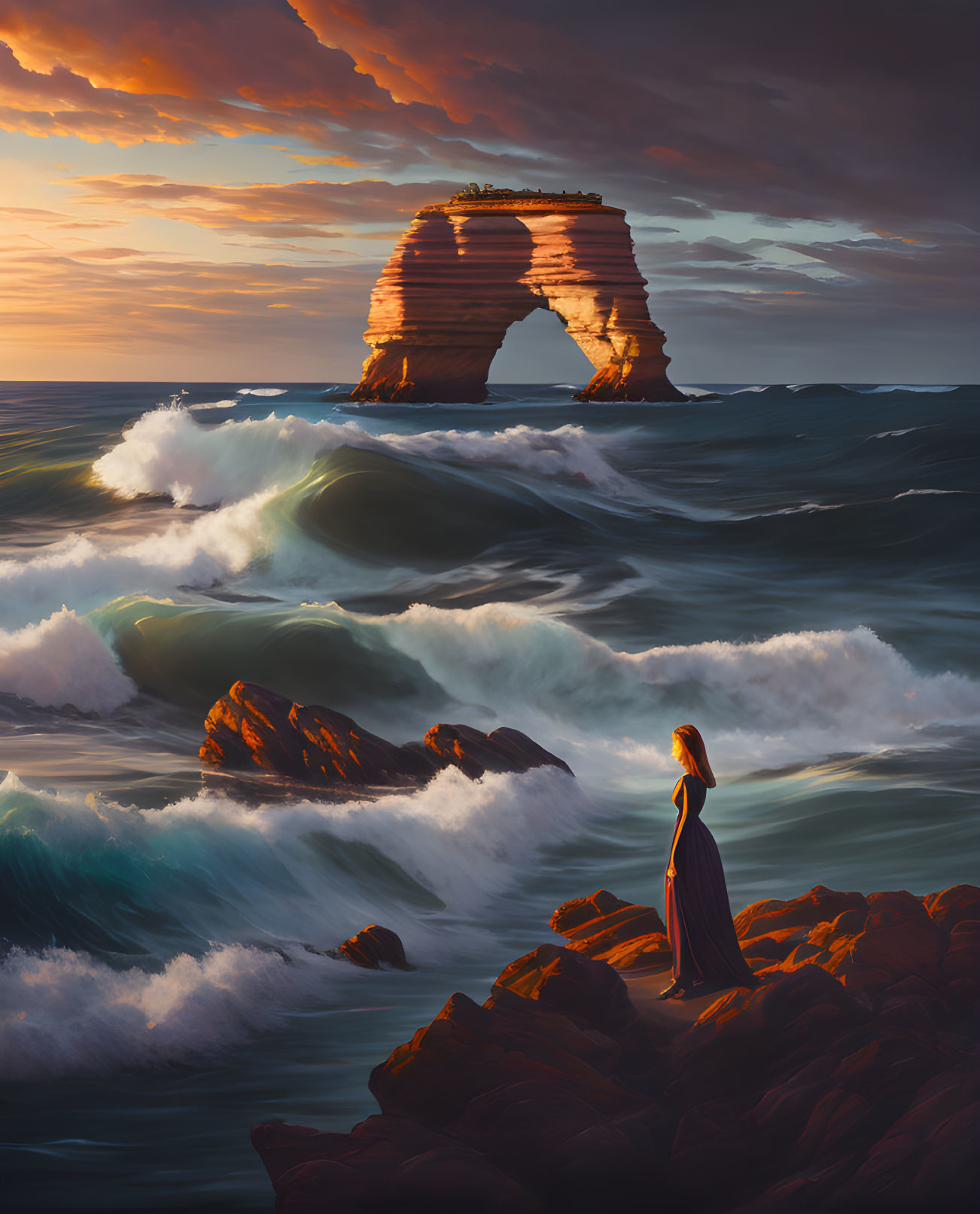 Woman in long dress gazes at natural arch under dramatic sunset sky