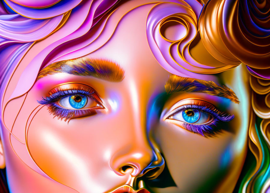 Vibrant digital portrait of a woman with blue eyes and flowing purple-brown hair