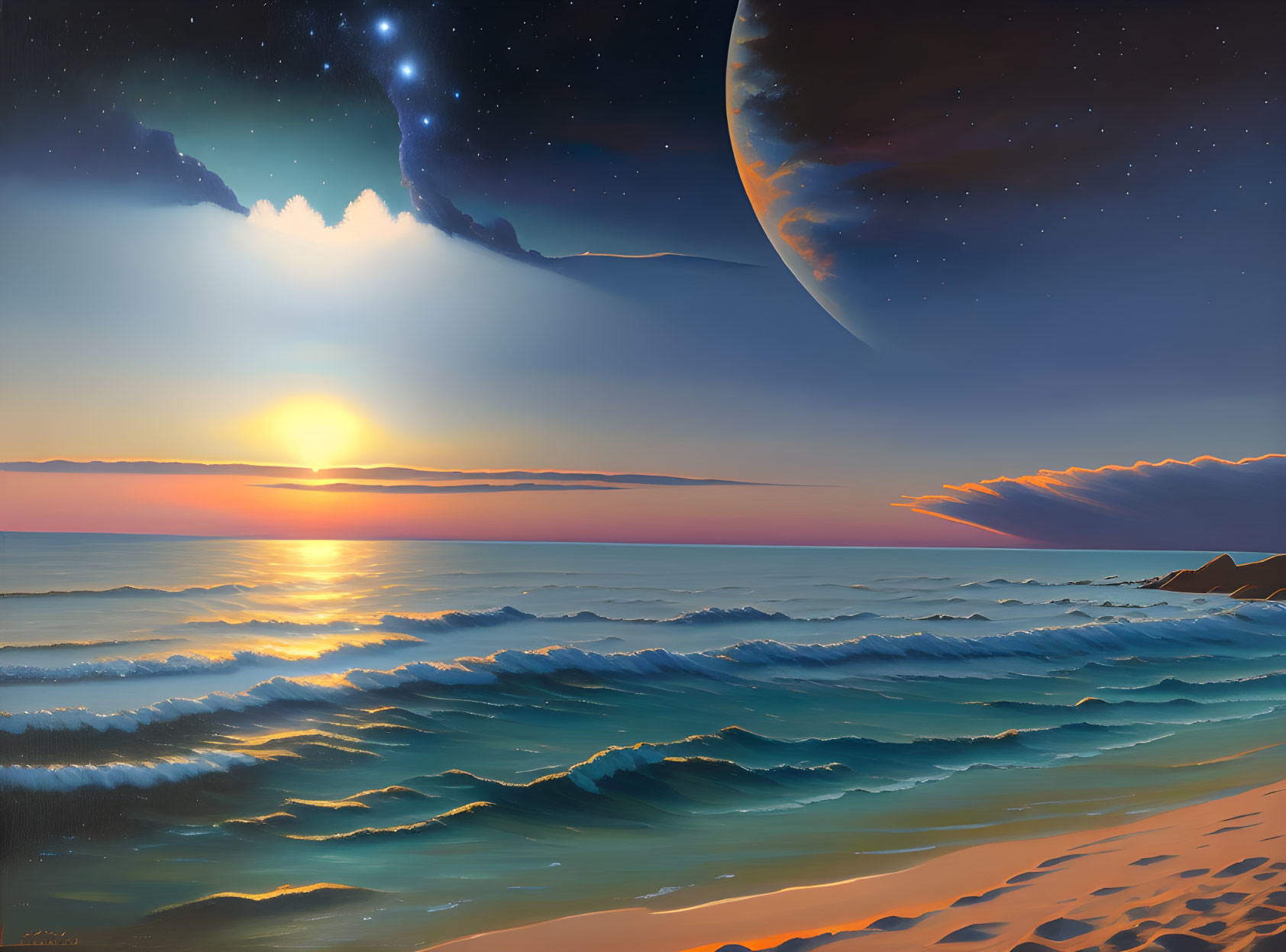 Surreal sunset over ocean with starry sky and massive planet