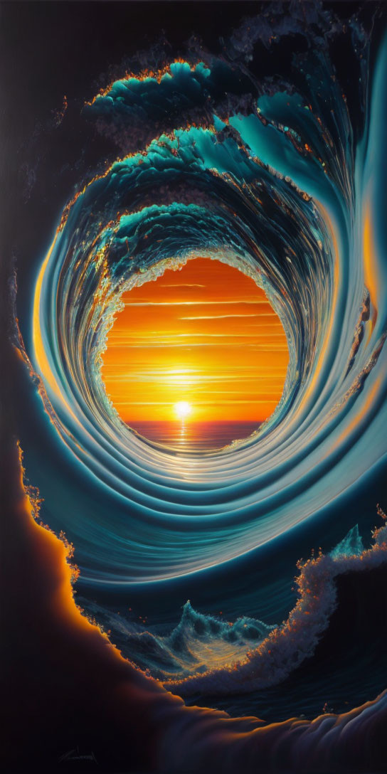 Circular ocean waves frame vibrant sunset horizon.