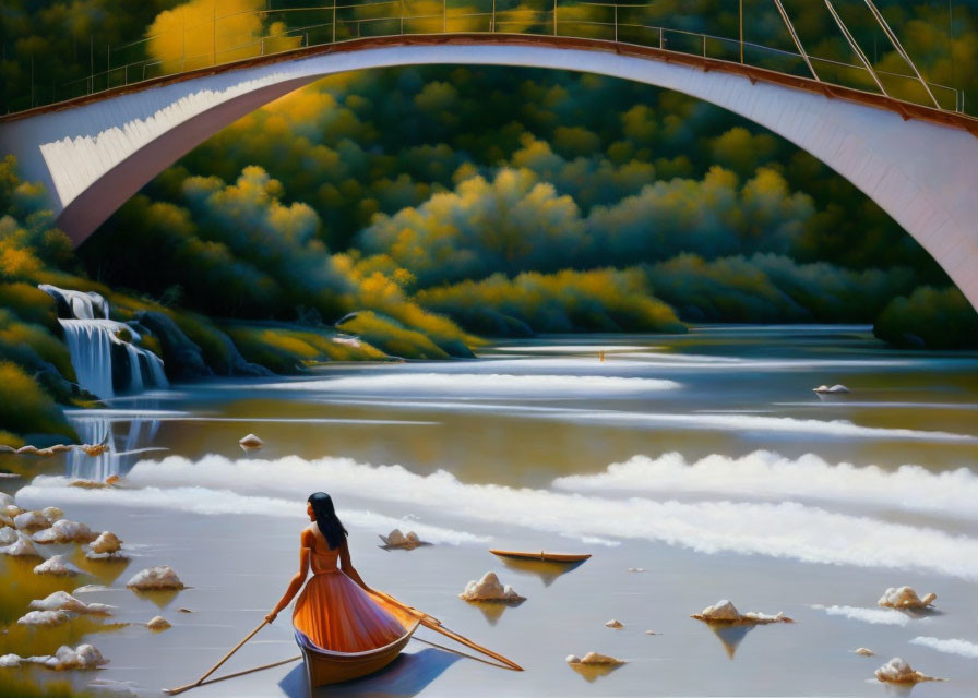 Tranquil painting of woman in boat on calm water with autumn trees