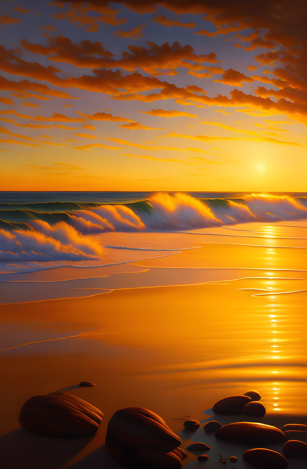 Orange Sky Beach Sunset with Clouds, Sunlight Reflection, Waves, and Smooth Stones