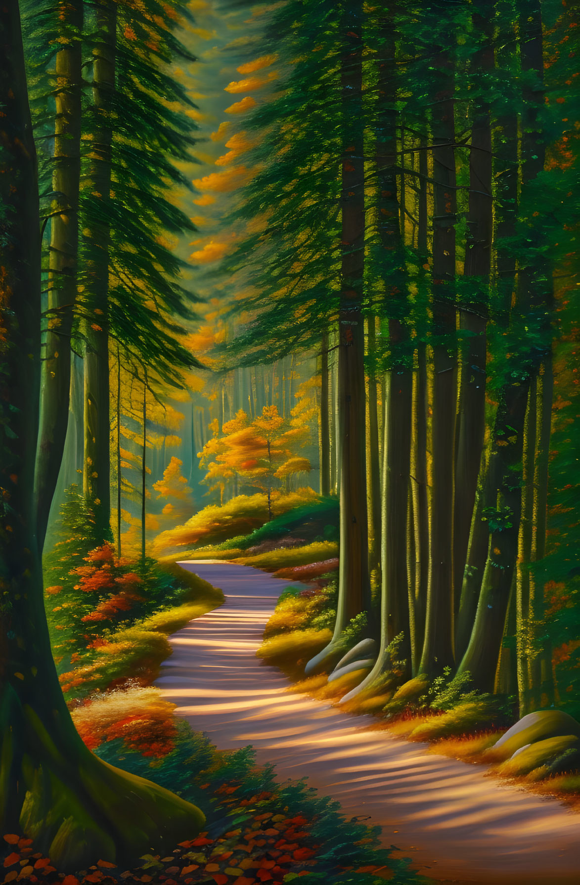 Tranquil forest path with tall green trees and autumn leaves under golden sunlight