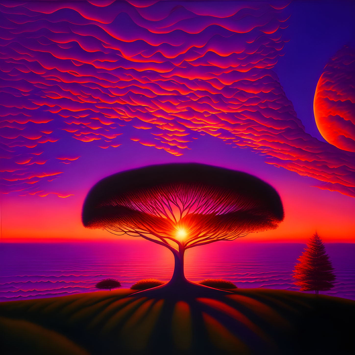 Surreal landscape with large tree silhouette at sunset