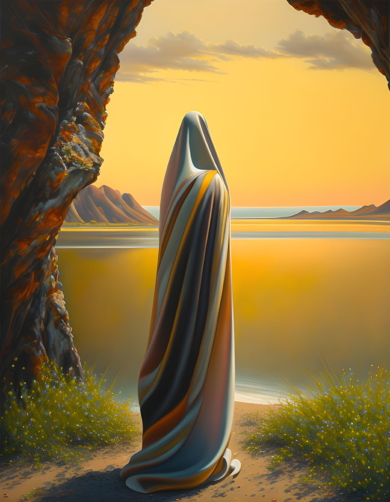 Draped Figure Between Rocky Cliffs Overlooking Serene Lake