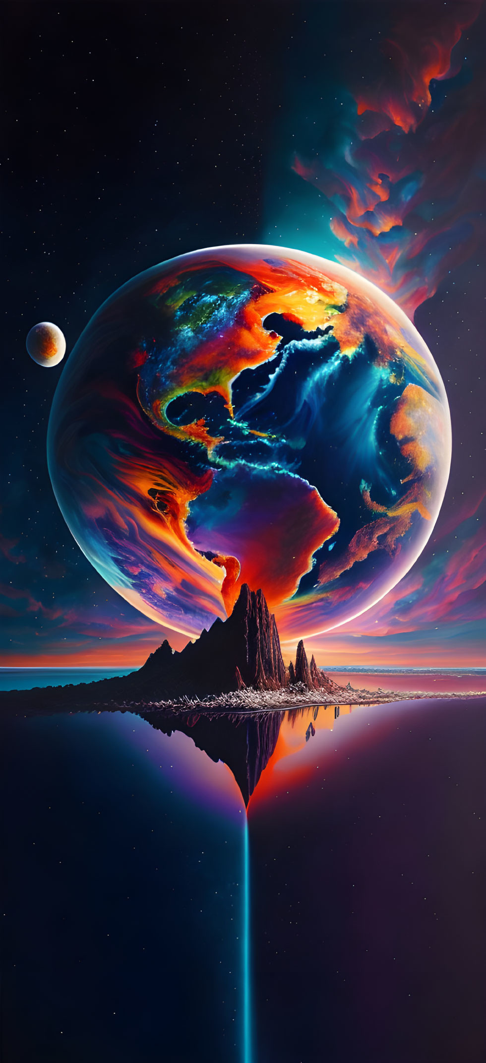 Surreal landscape with towering mountain, reflective water, vividly colored planet, swirling clouds, and