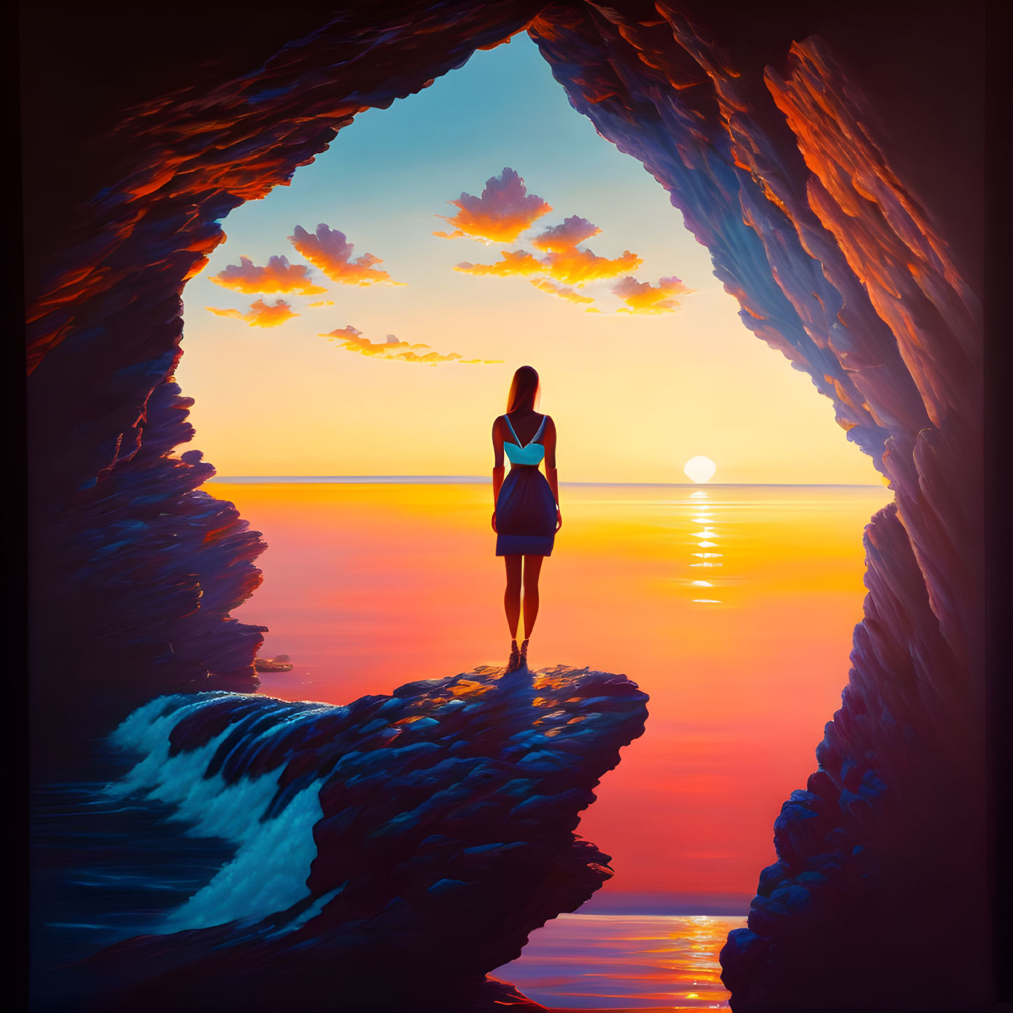 Person in cave opening views colorful sunset over crashing waves