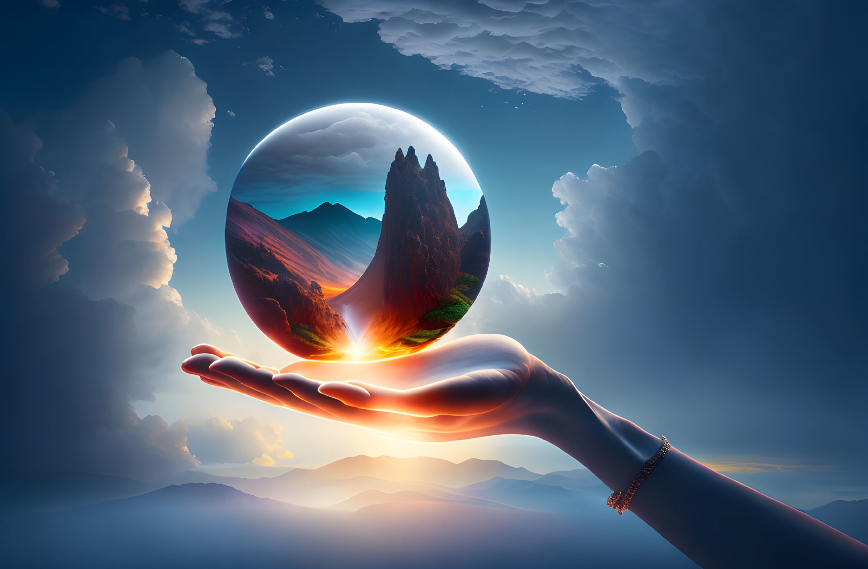 Hand holding crystal ball reflecting mountain landscape at twilight