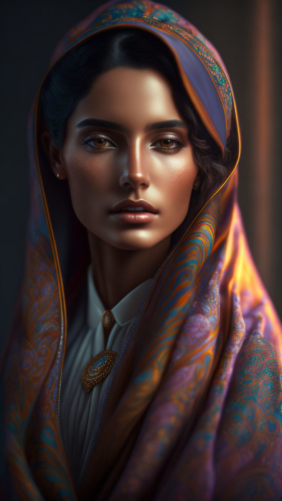 Woman with colorful headscarf and intense gaze under sunlight