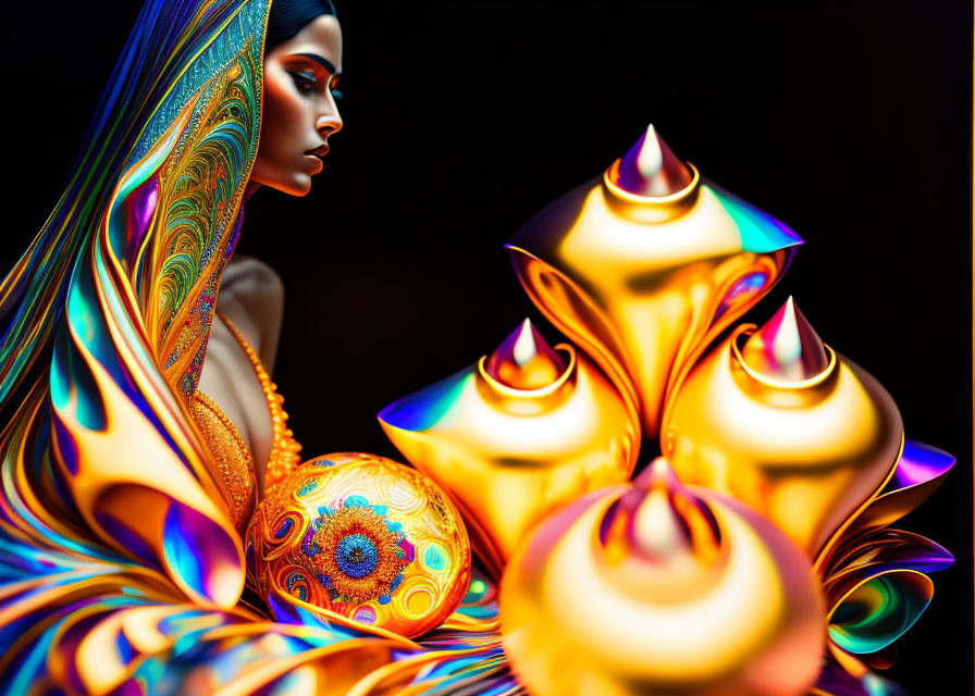 Colorful flowing garments on woman in digital artwork