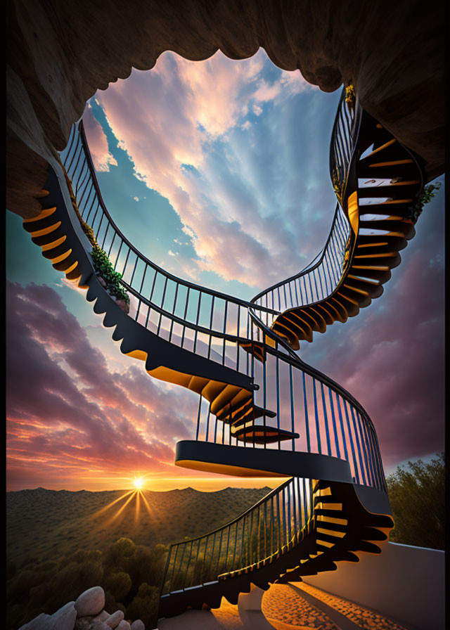 Spiral staircase in cave opening with sunset view.