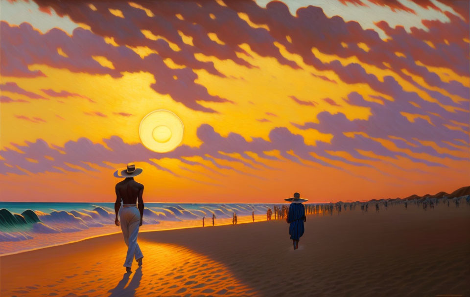 Vibrant sunset beach painting with two people walking, orange clouds, and water reflections