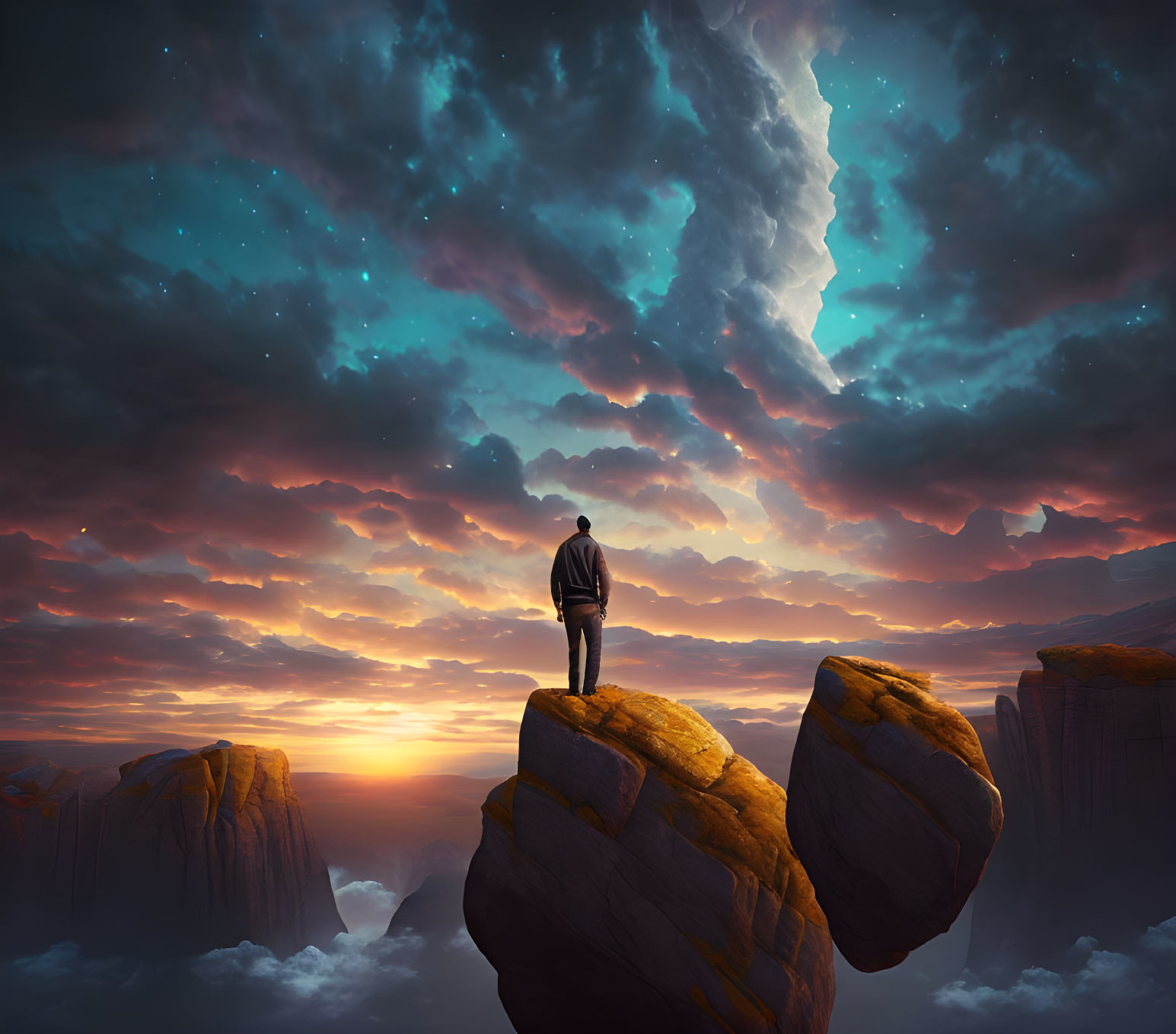 Person standing on cliff at surreal sunset with clouds and starry sky