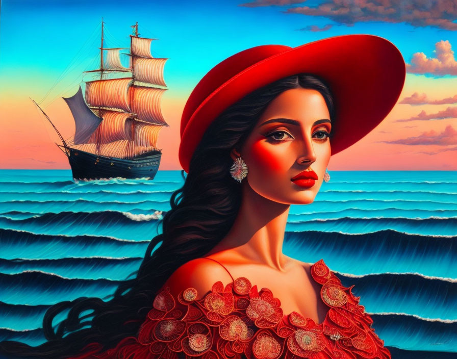 Portrait of woman with striking makeup in red hat and dress, sailing ship on ocean at sunset